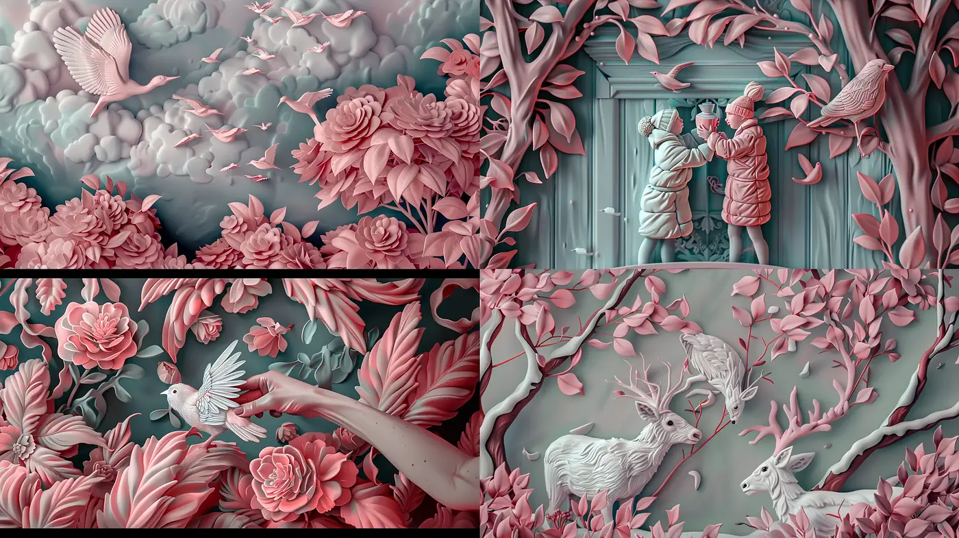Ethereal Botanical Dreamscape in Monochromatic Teals and Pinks - Midjourney sref style