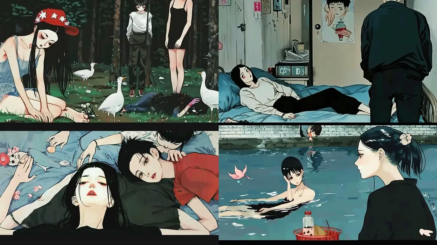 Melancholic Serenity in Stylized Anime Tableaus - Midjourney sref style