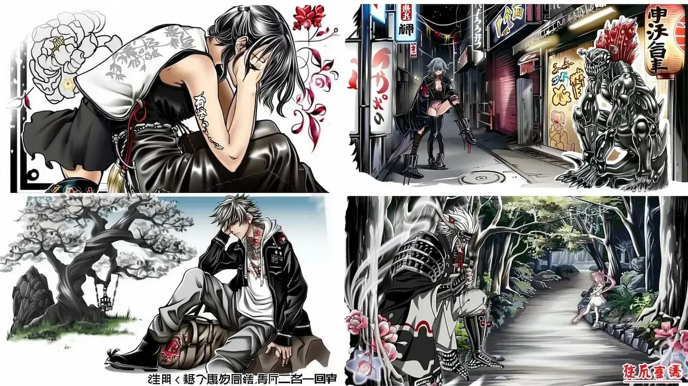 Dynamic and Textured Manga-Inspired Aesthetic with Urban Elements - Midjourney sref style