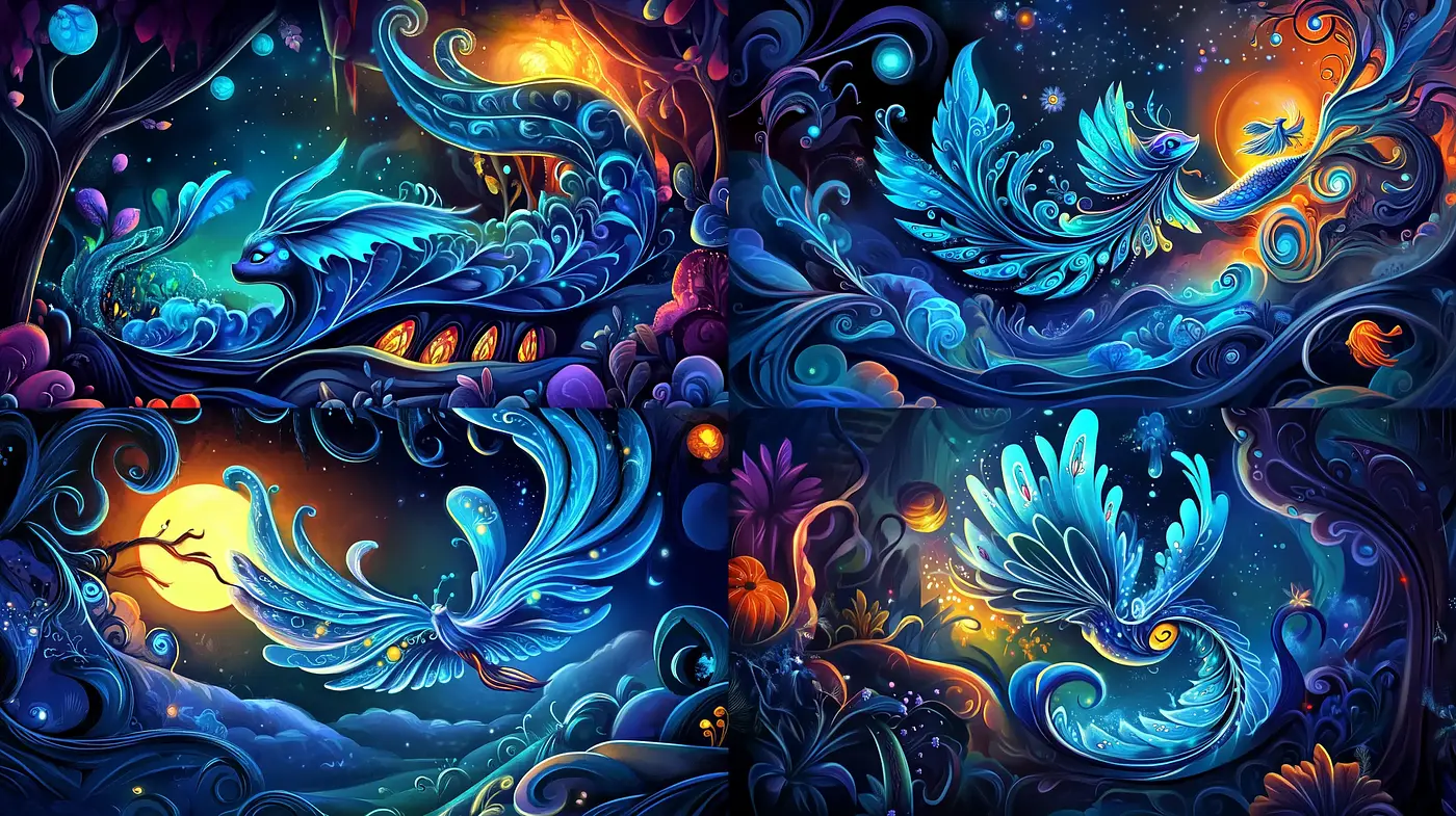 Enchanted Nocturnal Dreamscape with Luminous Florals and Fauna - Midjourney sref style