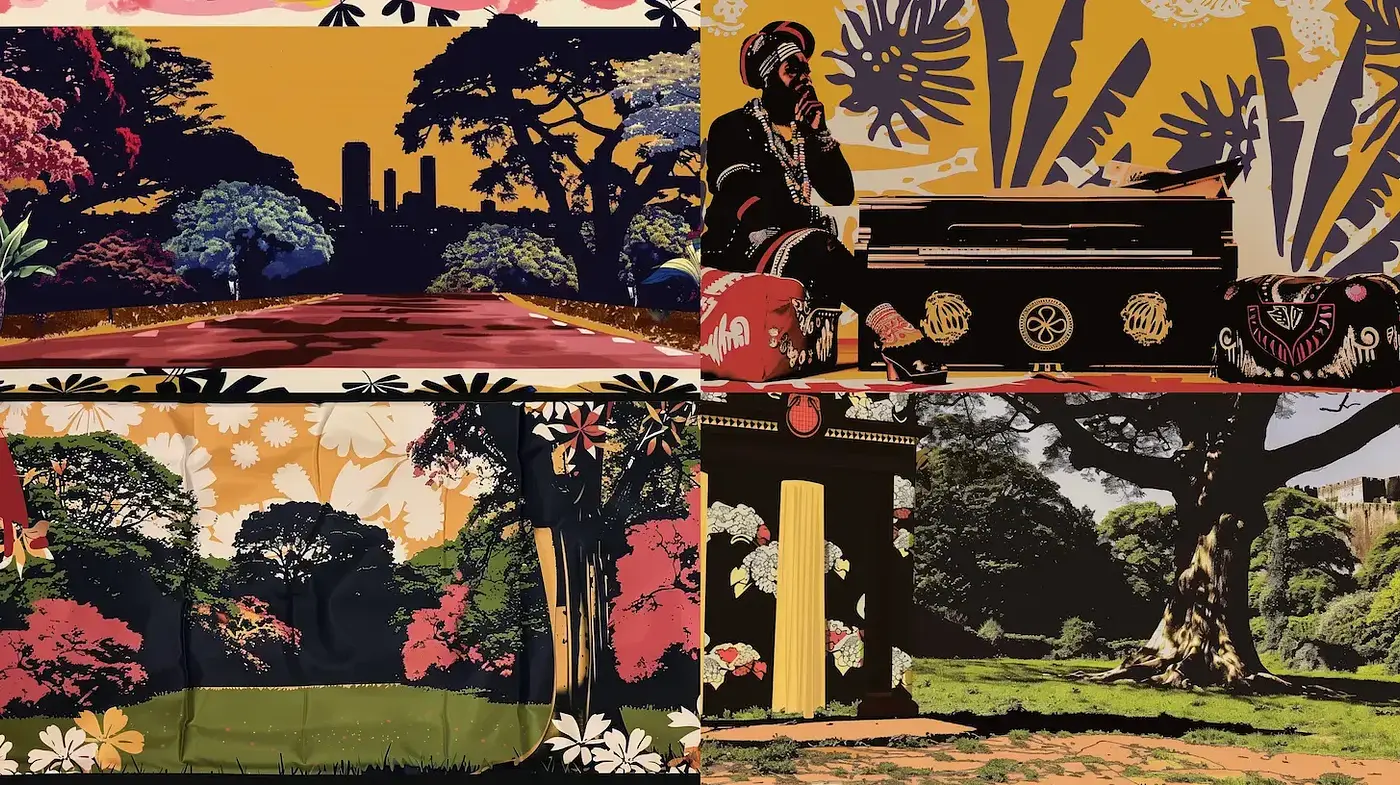 Vibrant botanical scenes with graphic illustration and retro influences - Midjourney sref style