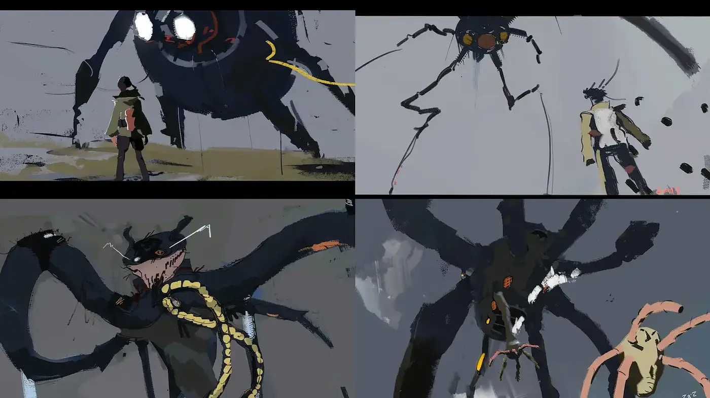 Dynamic and Abstract Interpretations of an Intriguing Monster Encounter - Midjourney sref style