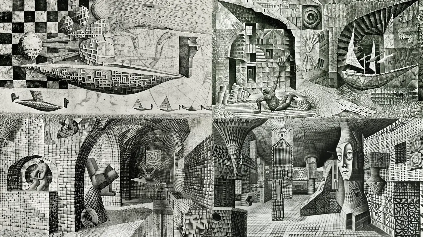 Escheresque Labyrinthine Dreamscape Series - Midjourney sref style