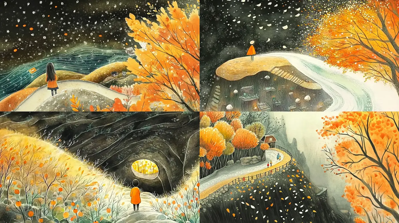 Enchanted Autumnal Vistas: A Whimsical Fusion of Seasons and Serenity - Midjourney sref style