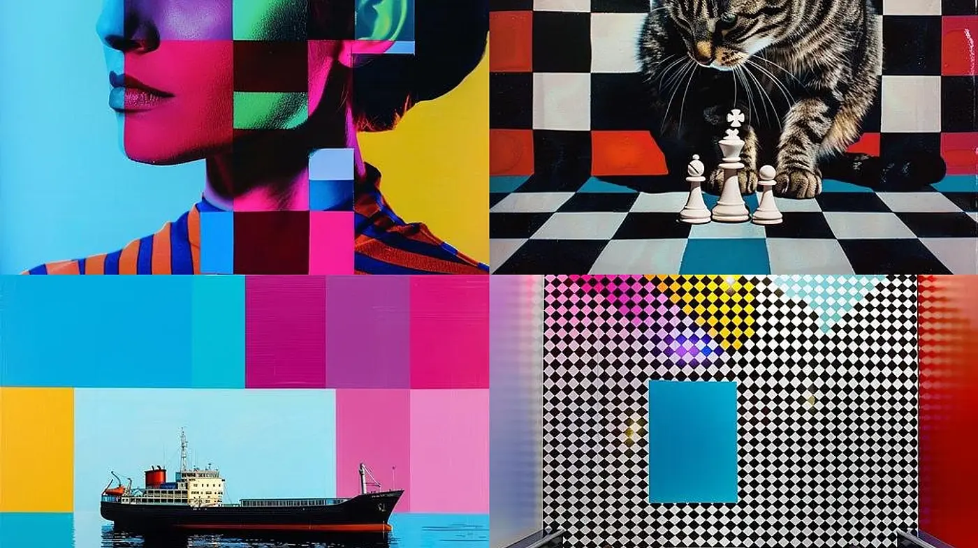 Geometric Harmony: A Vivid Dance of Color Blocks and Checkerboards - Midjourney sref style