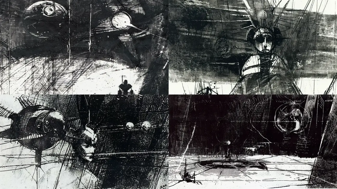 Monochromatic Exploration of Futuristic Themes with Abstract Elements - Midjourney sref style