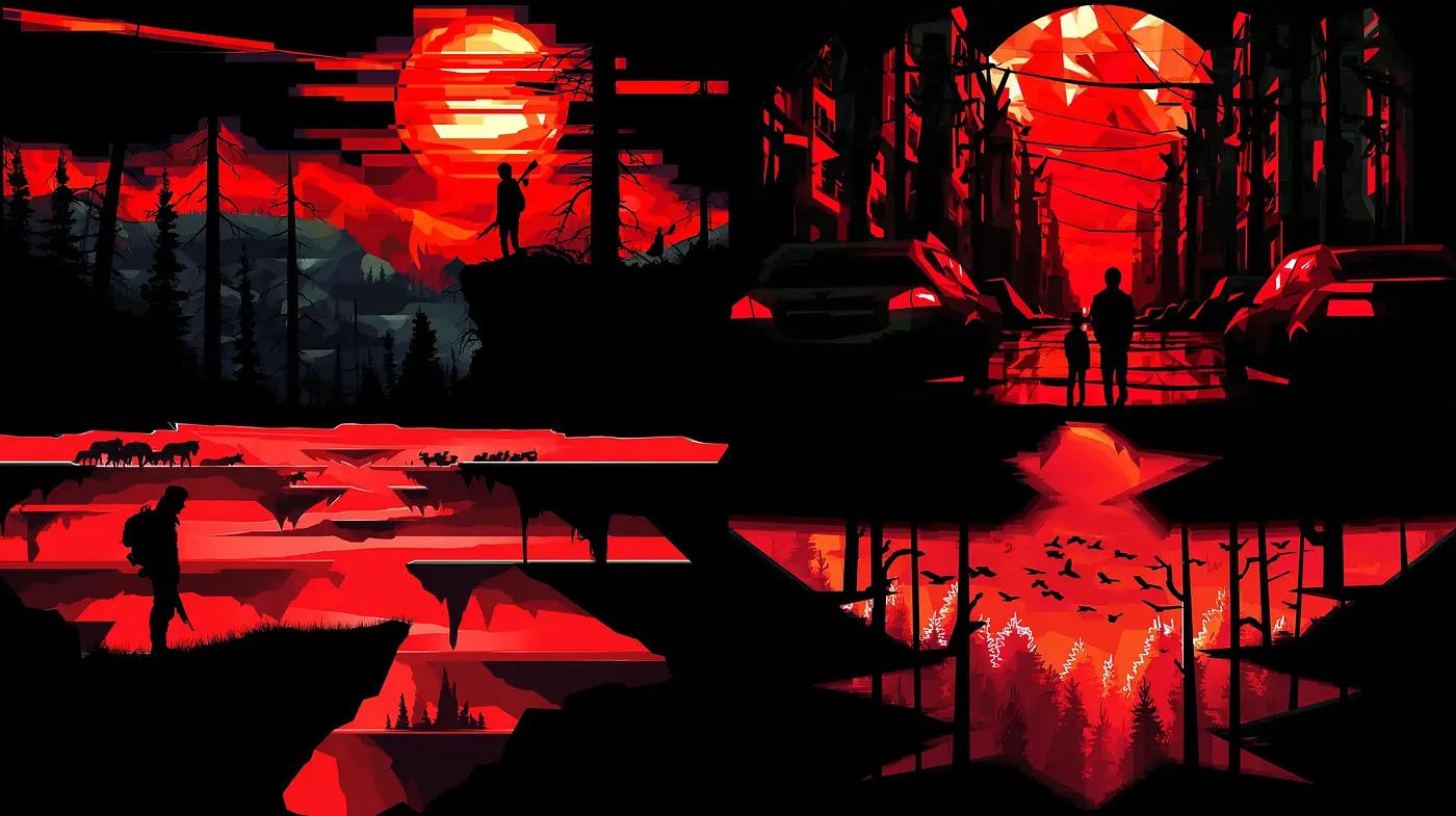 Dynamic and Atmospheric Digital Art with a Distinct Sunset Aesthetic - Midjourney sref style