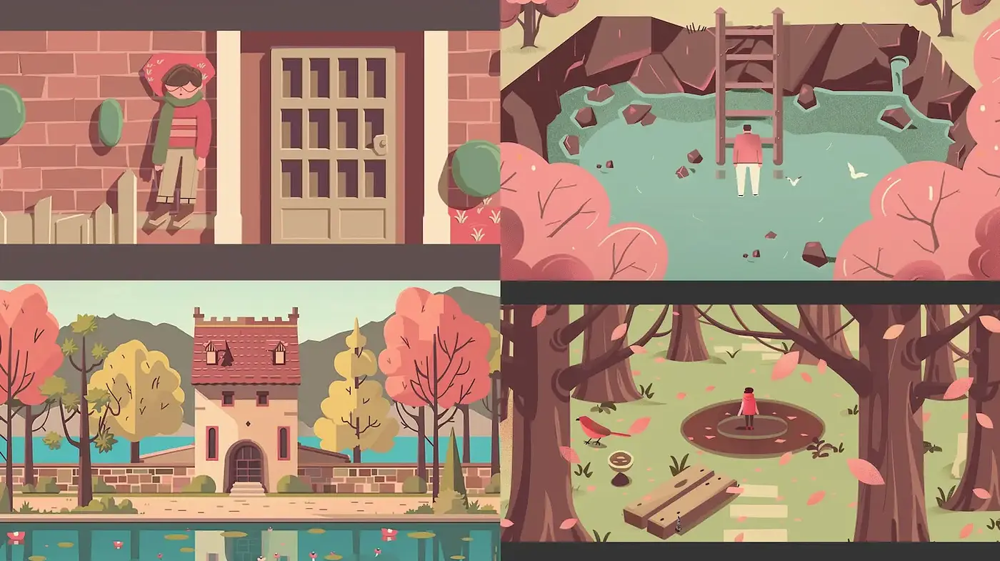 Charming and whimsical illustrations blending a playful essence with nostalgic landscapes - Midjourney sref style