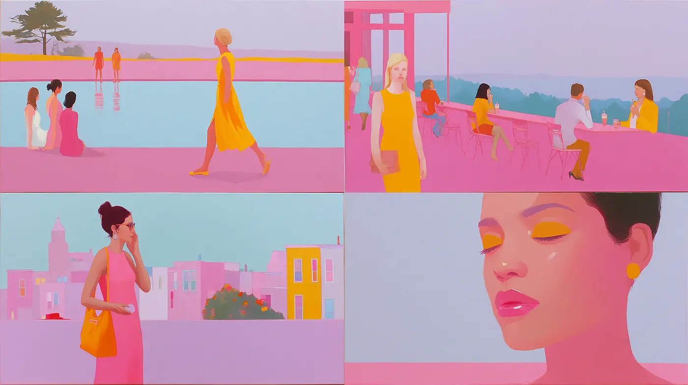 Contemporary Color-Block Illustration with a Dreamy Vibe - Midjourney sref style