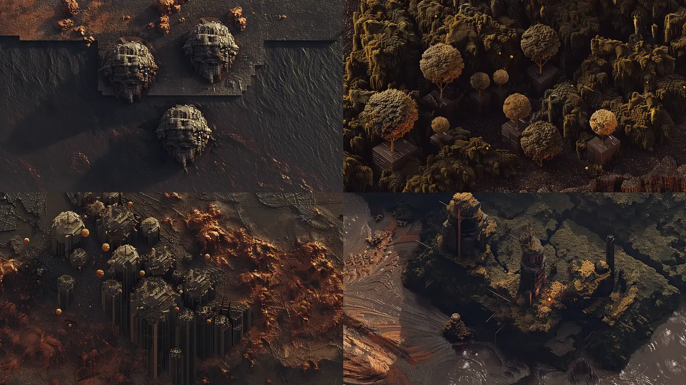 Dystopian Dreamscape Fusion in Sepia Tone Shadows - Midjourney sref style