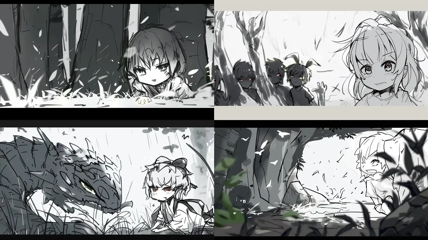 Monochromatic Anime-Inspired Storyboard Sketches - Midjourney sref style