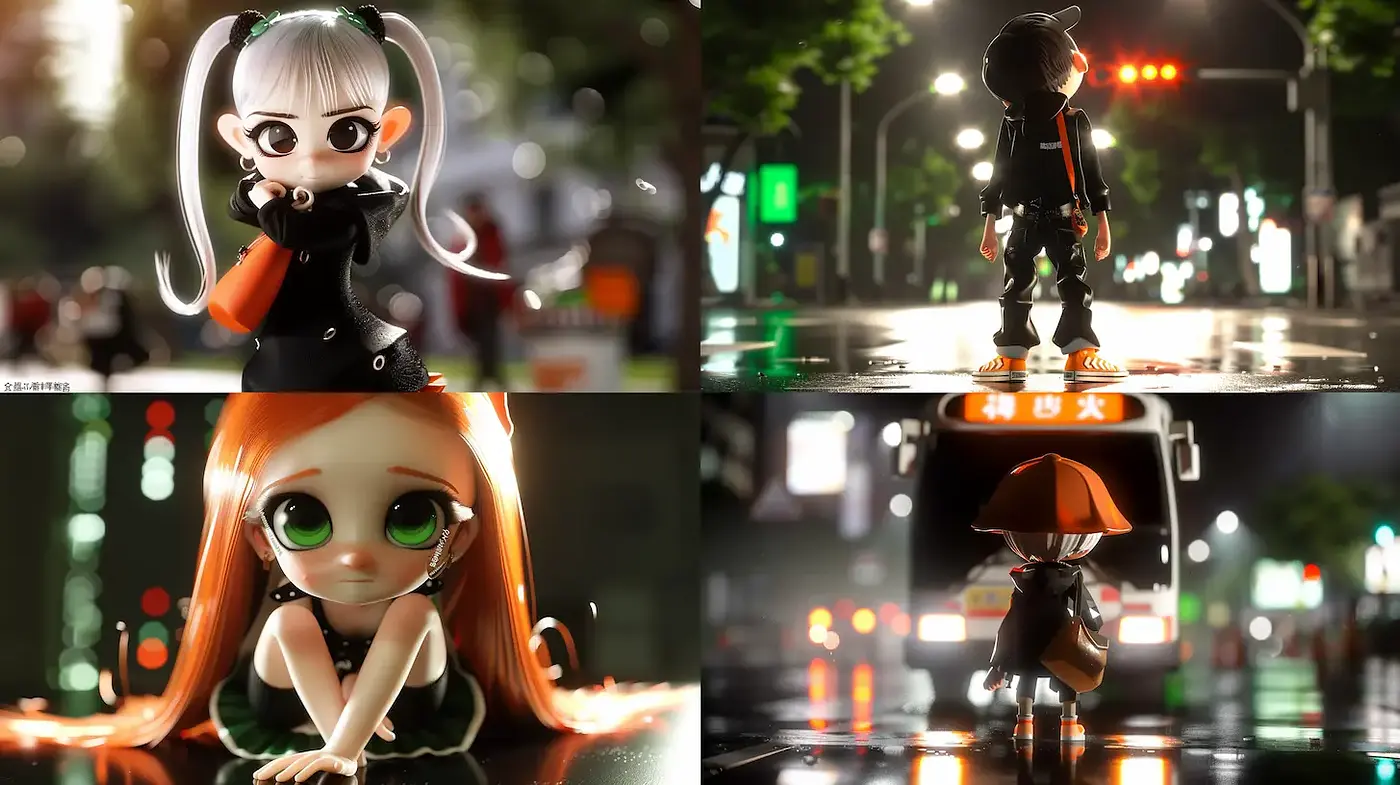 Whimsical urban night scenes with vibrant character designs and glossy textures - Midjourney sref style