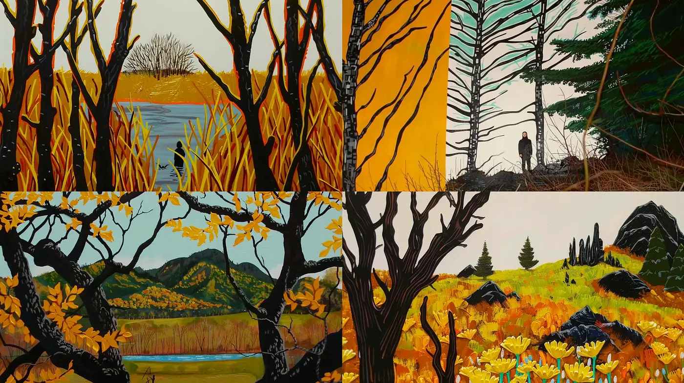 Earthy Autumnal Landscapes with Stylized Botanical Elements - Midjourney sref style