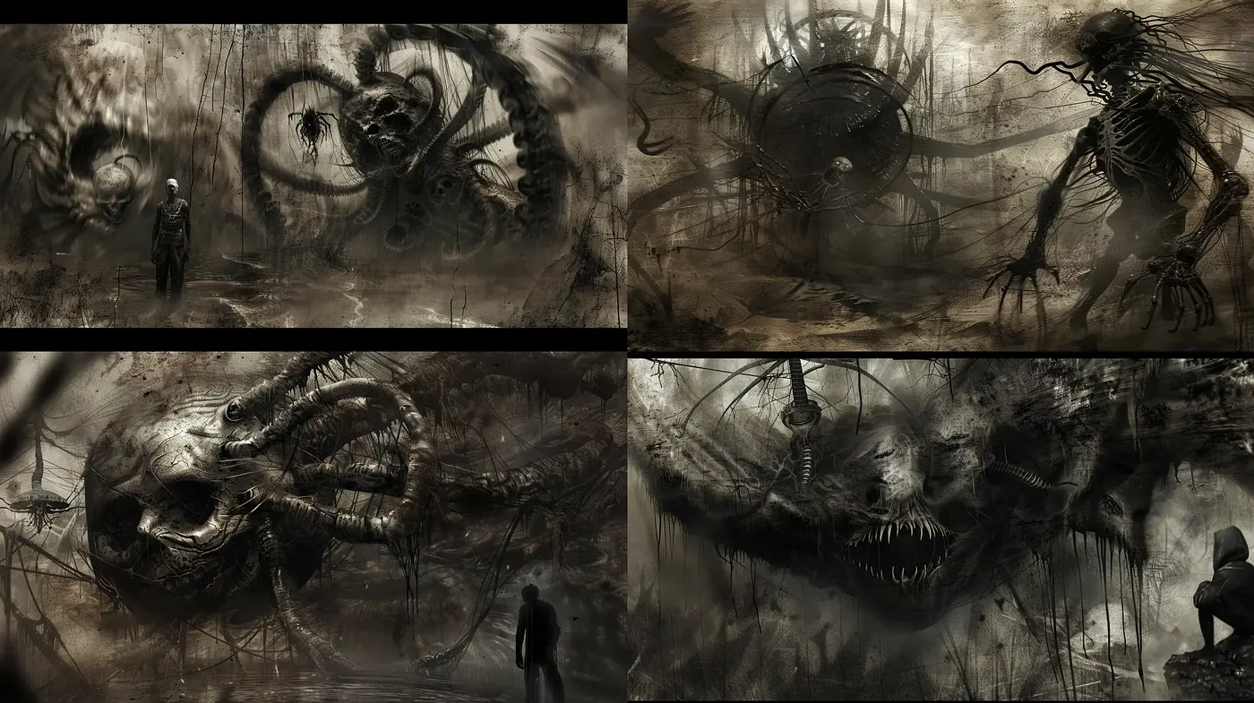 Eerie Monochromatic Visions of a Dystopian World - Midjourney sref style