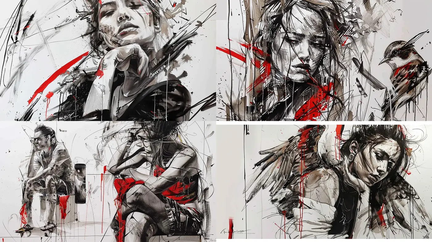 Dynamic Expressive Sketches with Red Accents in Contemporary Style - Midjourney sref style