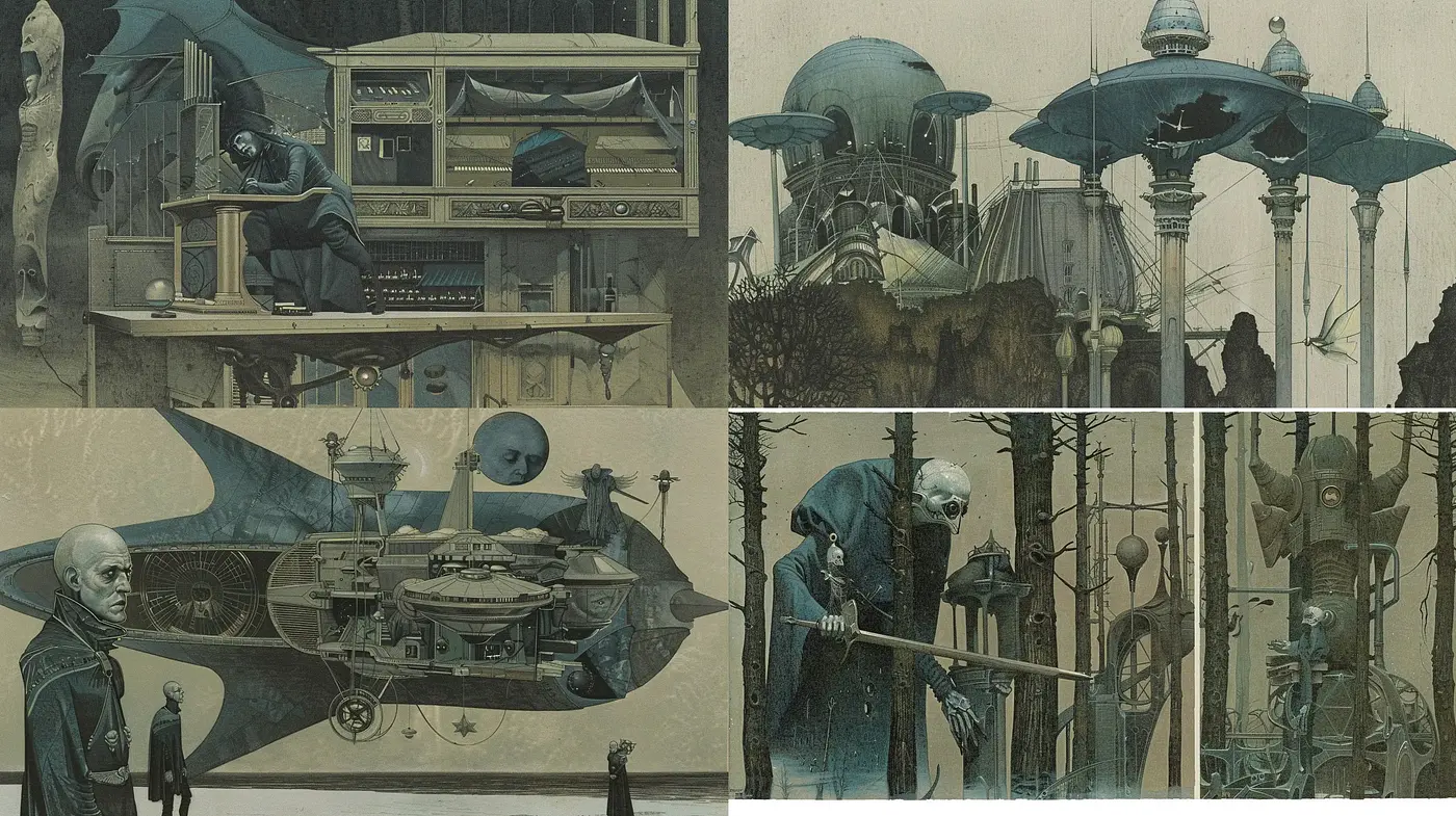 Dystopian Steampunk Reverie: A Homage to Surrealist Sci-Fi - Midjourney sref style