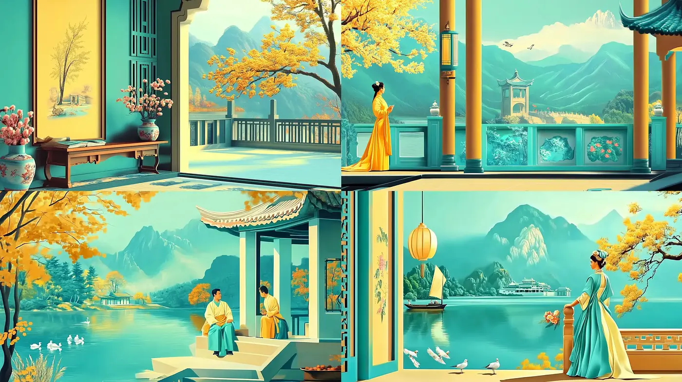 Serenade of Cyan and Amber: Reveries of Eastern Splendor - Midjourney sref style