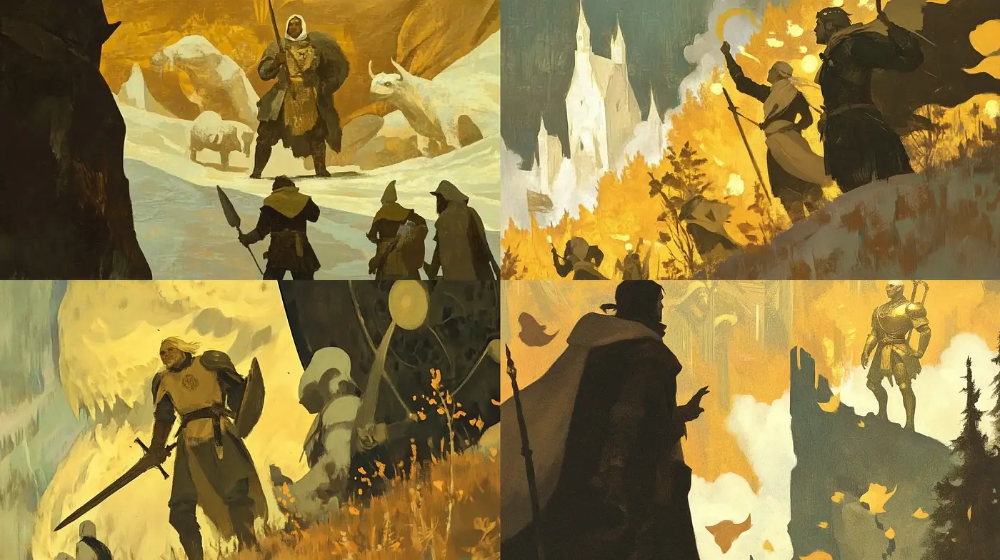 Warm Tonal Epic Adventure in Stylized Pastoral Scenes - Midjourney sref style
