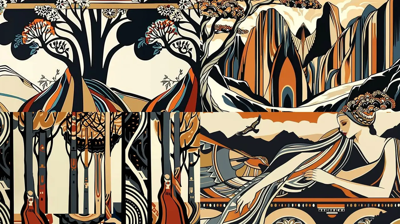 Art Nouveau Reverie: Stylized Nature and Elegant Forms - Midjourney sref style