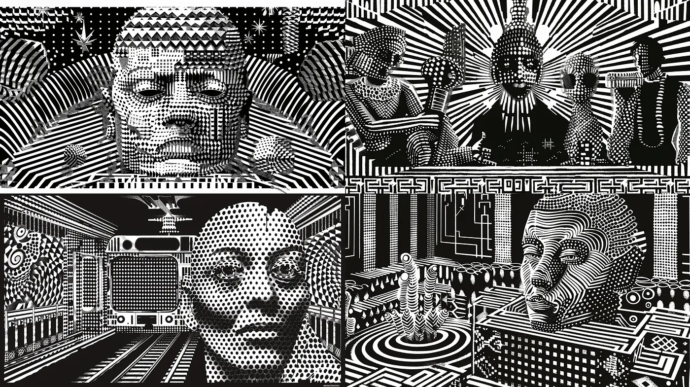 Op Art Inspired Monochromatic Visions with Geometric Patterns - Midjourney sref style