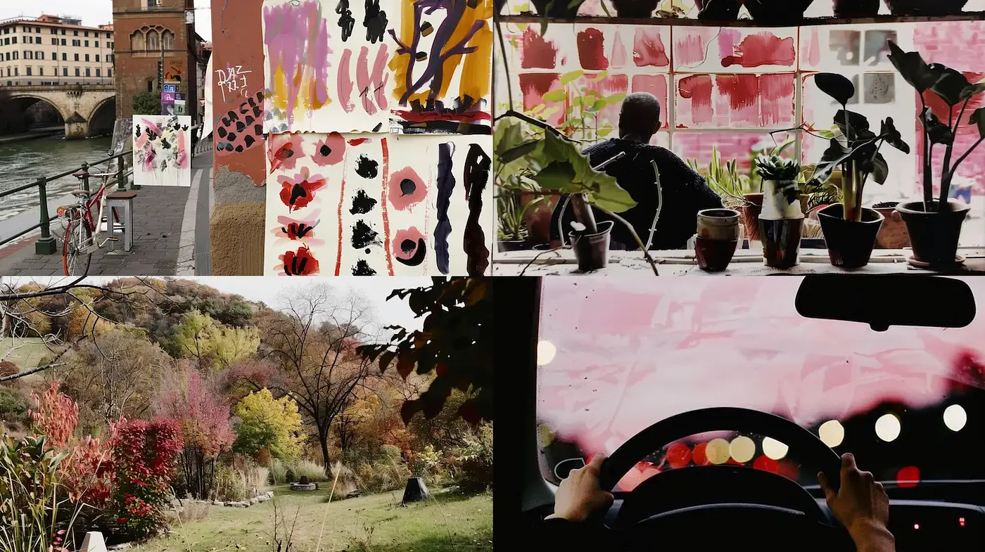 Cinematic Exploration of Urban and Natural Scenes with a Unique Artistic Flair - Midjourney sref style