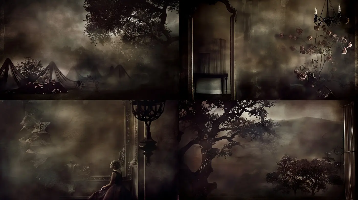 Ethereal Twilight: Dreamlike Ambiance in a Monochromatic Landscape - Midjourney sref style