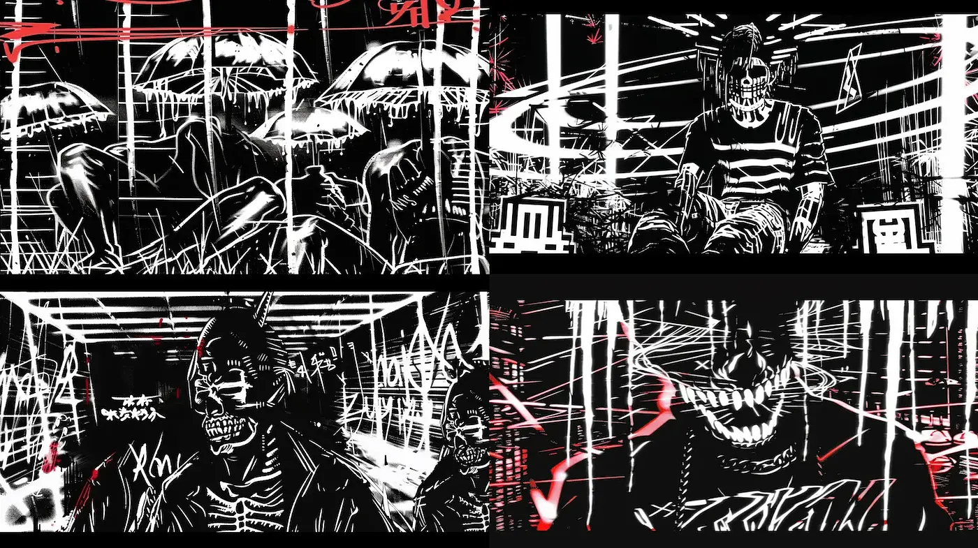 Dynamic and Expressive Noir-Inspired Illustrations with Erratic Energy - Midjourney sref style