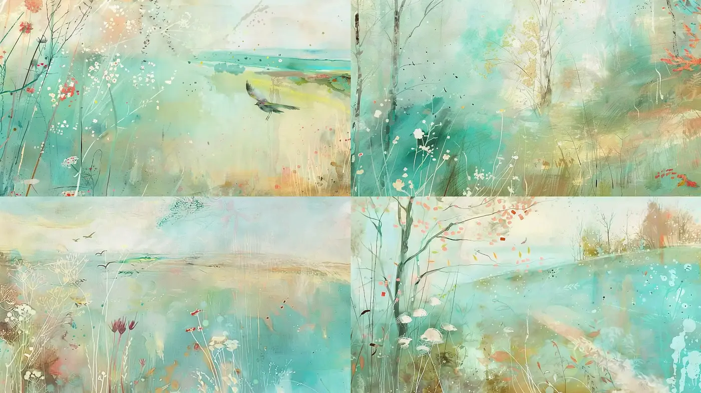 Aquatic Serenity in Ethereal Hues: A Textural Dance of Colors in Nature-Inspired Abstracts - Midjourney sref style
