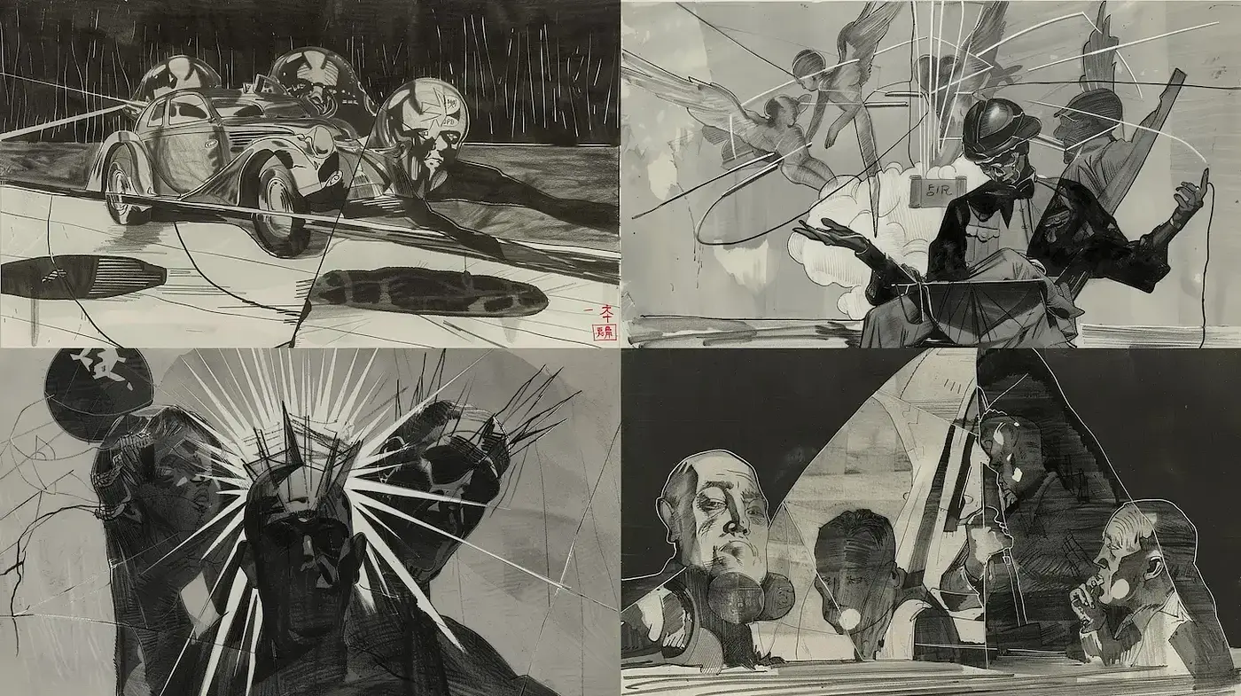 Dynamic monochromatic compositions with a retro aesthetic - Midjourney sref style
