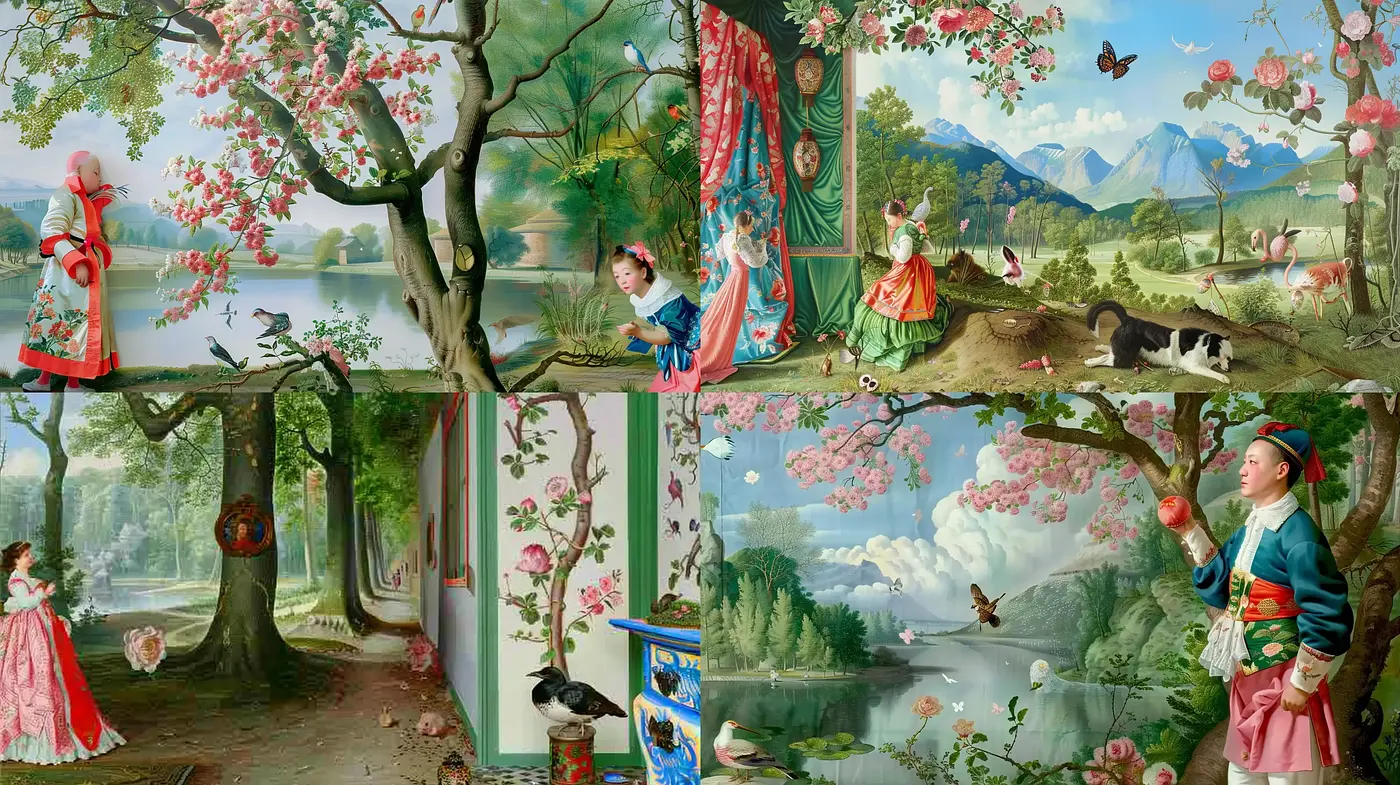 Idyllic Pastoral Dreamscapes: A Fusion of Rococo Charm and Romanticized Nature - Midjourney sref style