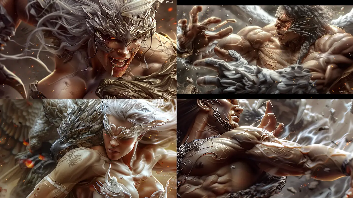 Dynamic Elemental Fury: A Fusion of Hyper-Realism and Fantasy - Midjourney sref style