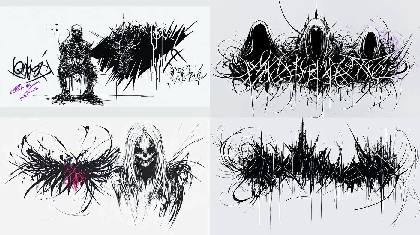 Abstract Calligraphic Chaos with Monochromatic Tones and Haunting Undertones - Midjourney sref style