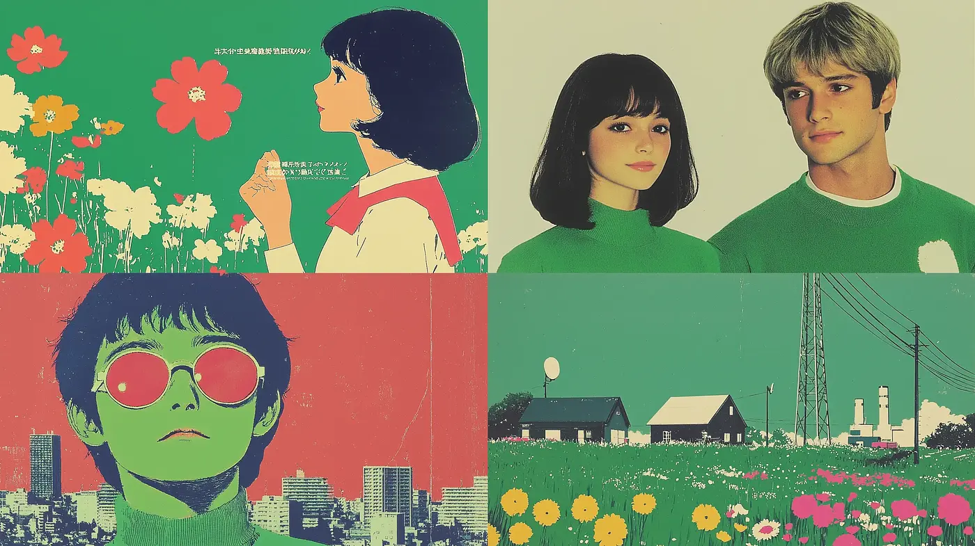 Retro Pop Art Fusion with Pastoral and Urban Contrasts - Midjourney sref style
