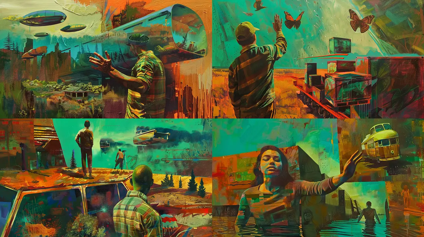 Dystopian Dreamscape: A Fusion of Retro Sci-Fi and Vivid Naturalism - Midjourney sref style