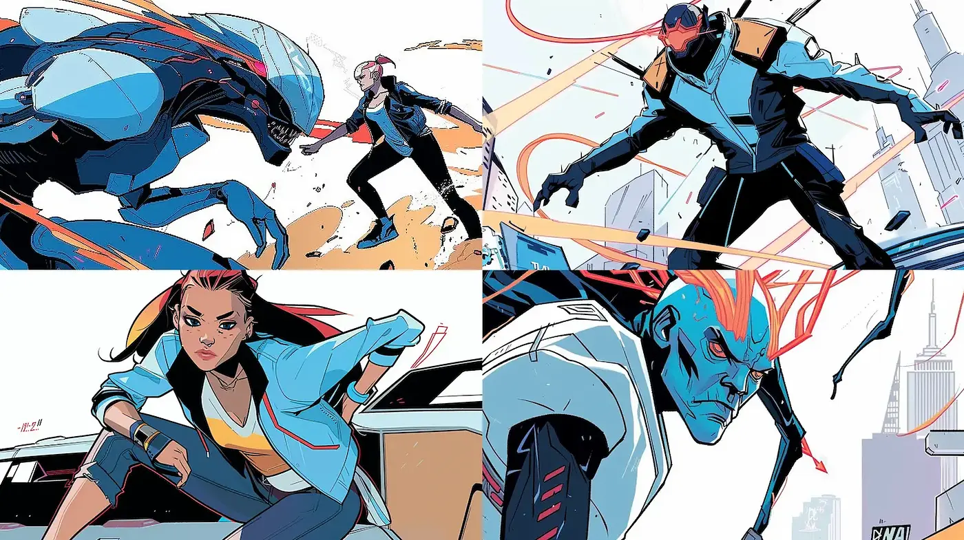 Dynamic and expressive action-packed illustrations with a modern comic flair - Midjourney sref style