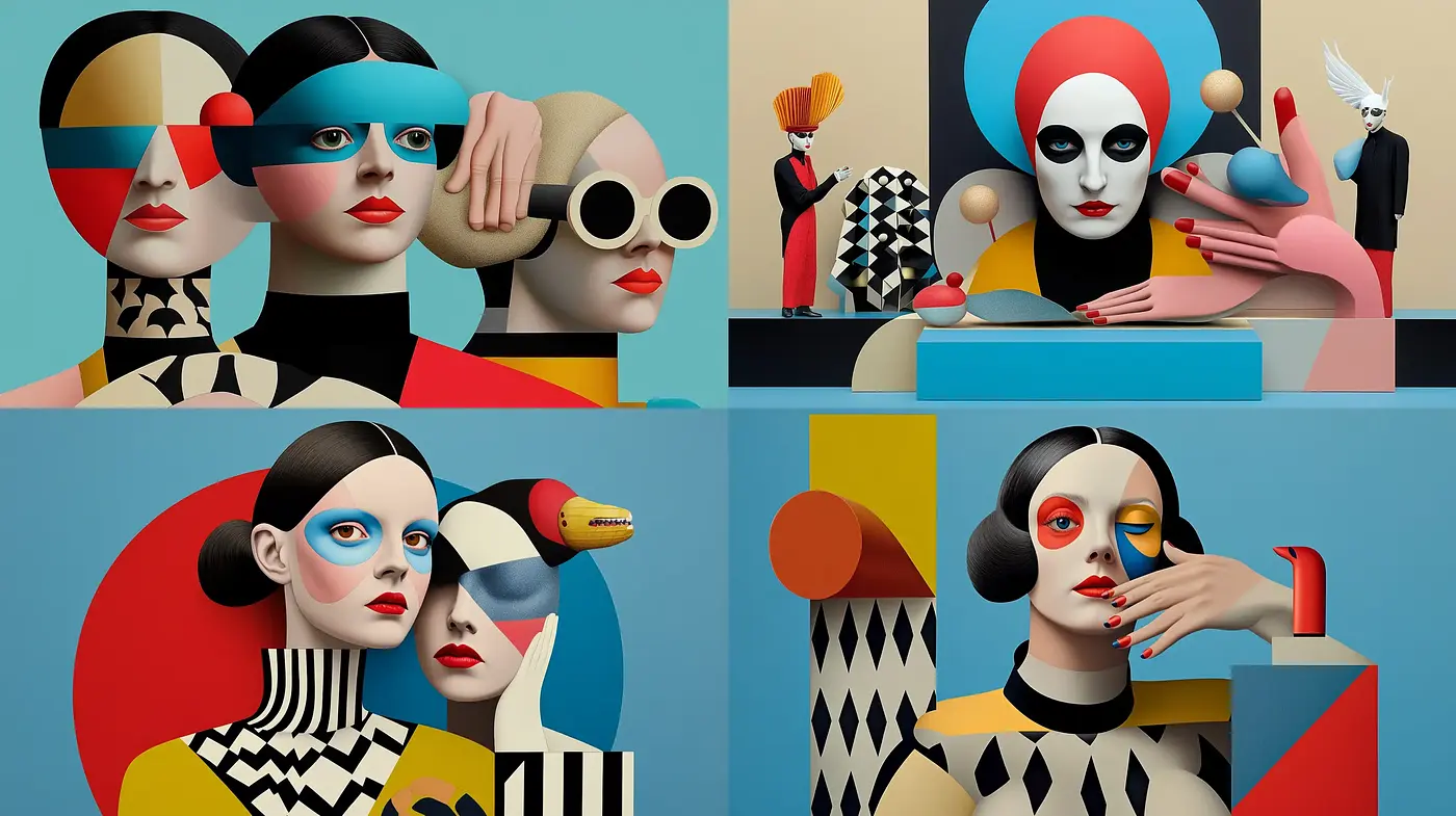 Surreal Geometric Shapes and Bold Contrasts in a Theatrical Display - Midjourney sref style