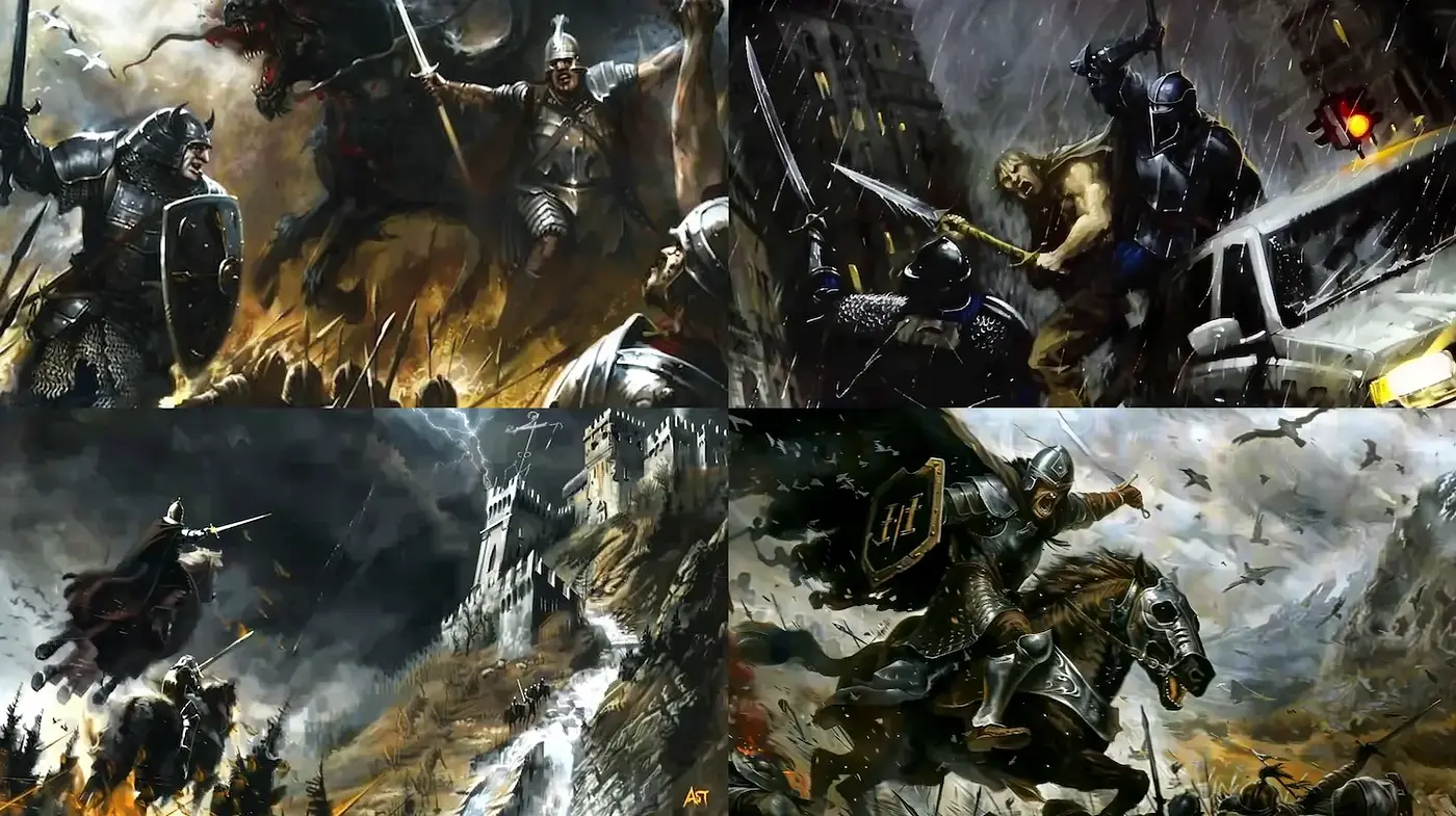 Epic Historically Inspired Fantasy with Dynamic Action - Midjourney sref style