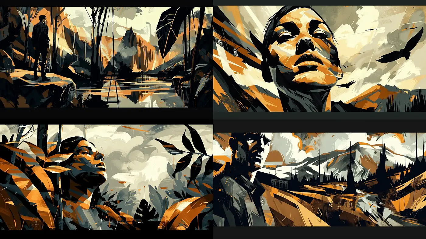 Abstract Ochre Noir Panorama: A Fusion of Geometric Shadows and Earthy Tones - Midjourney sref style