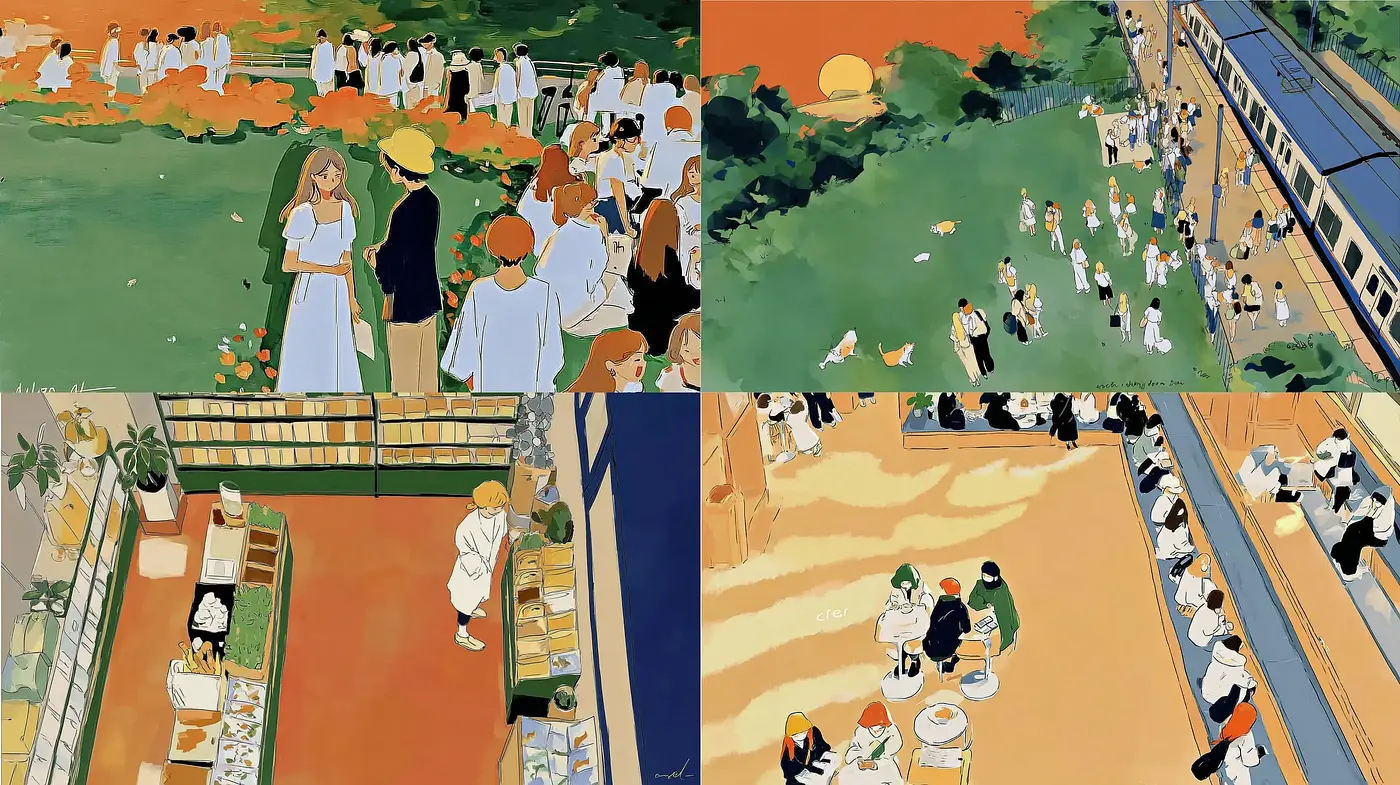 Vibrant and playful scenes with a serene ambiance - Midjourney sref style