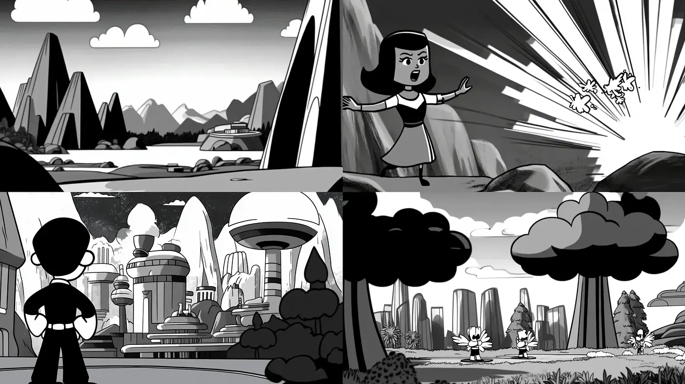 Monochromatic Retro-Futuristic Animation Style - Midjourney sref style