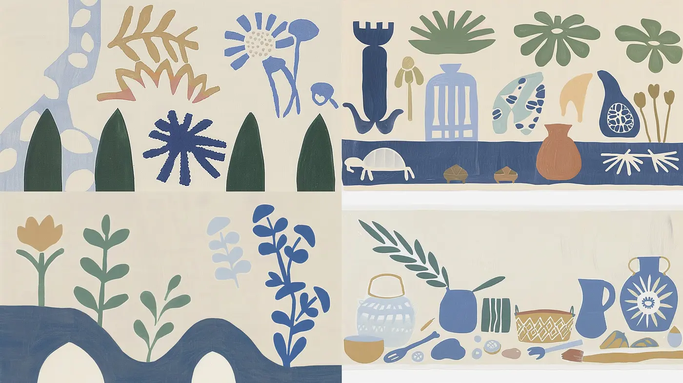 Abstracted Botanical and Domestic Stylization with Blue and Earth Tones - Midjourney sref style