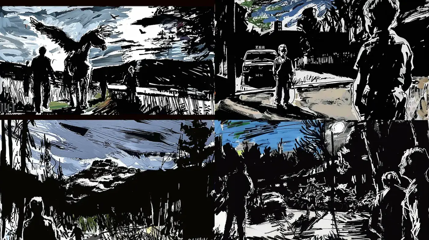 Dynamic monochromatic scenes with expressive character interplay - Midjourney sref style