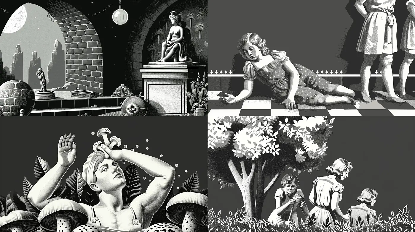 Monochromatic Tales of Surreal Nostalgia - Midjourney sref style