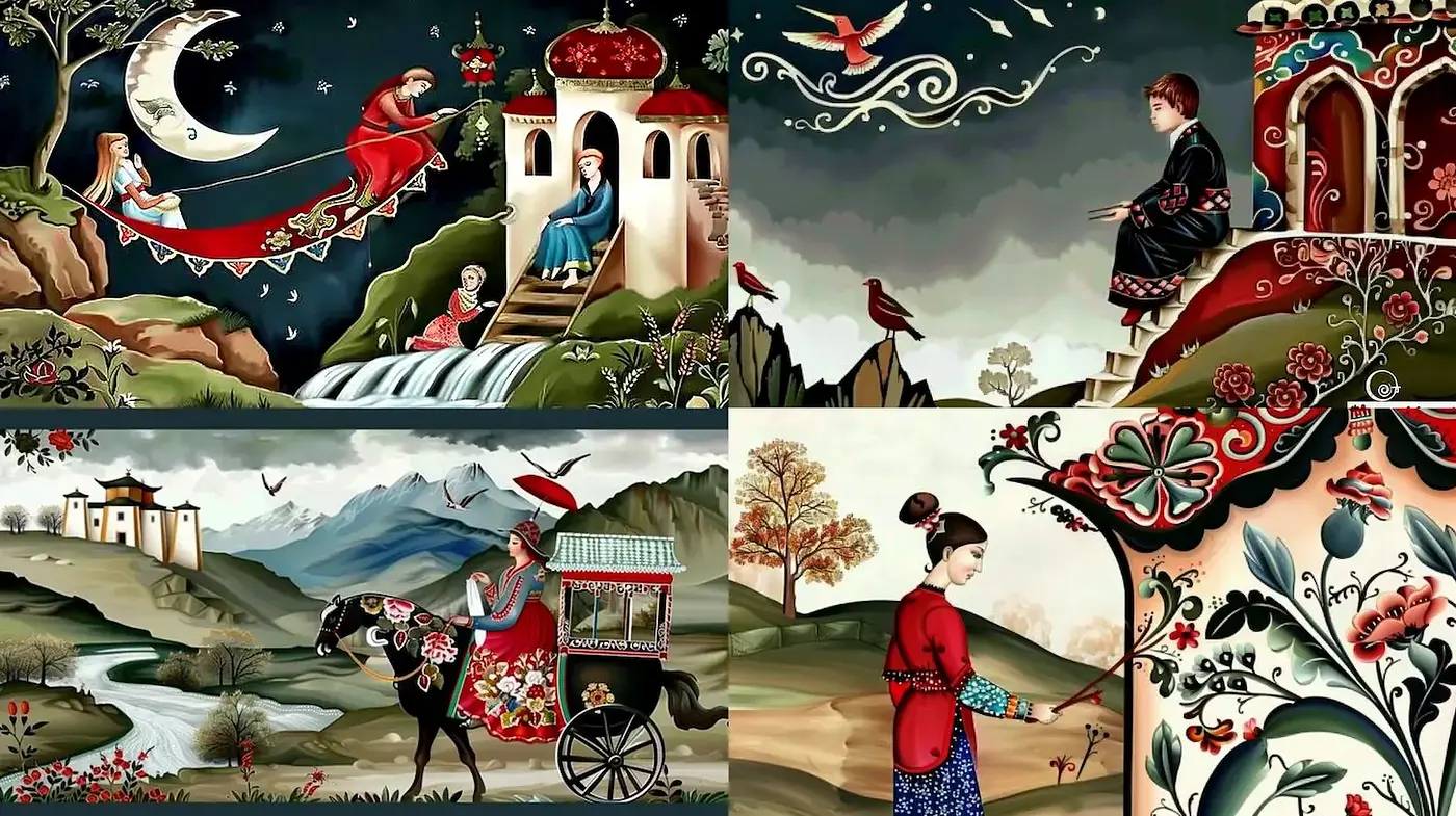 Whimsical Folk Art with Dreamy Landscapes and Vibrant Characters - Midjourney sref style