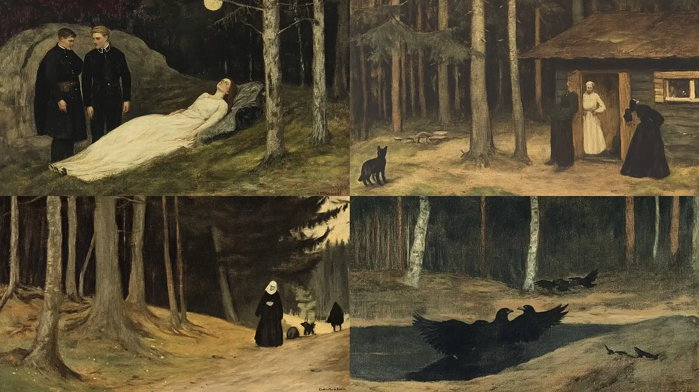 Nocturnal Woods and Whimsy: A Brush with Mysterious Realms - Midjourney sref style