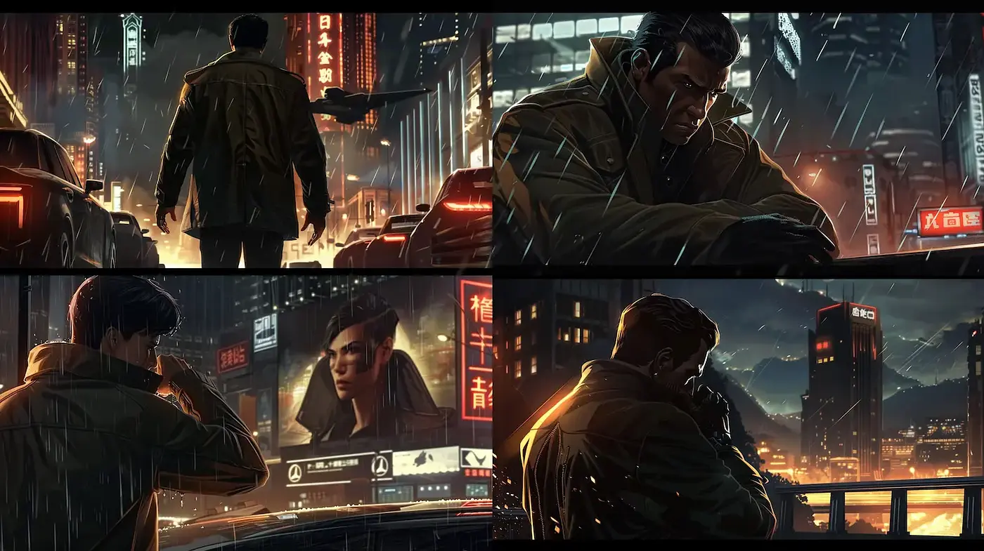 Futuristic Noir Illustrations with Rainy Urban Settings - Midjourney sref style
