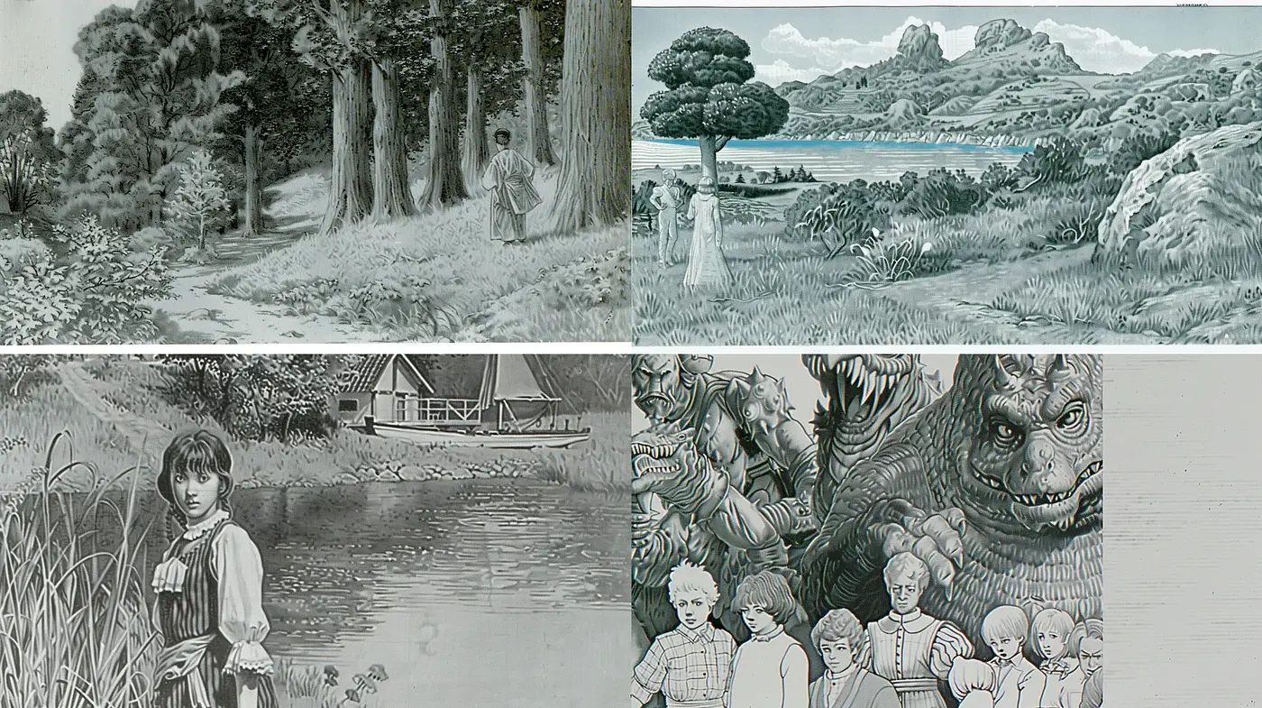 Monochromatic Storybook Illustration Panorama - Midjourney sref style
