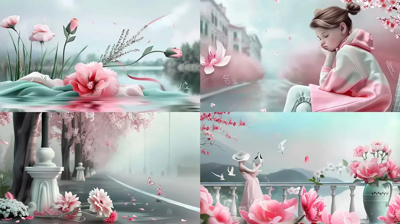 Delicate and Serene Blend of Nature and Emotion in Soft Pastels - Midjourney sref style