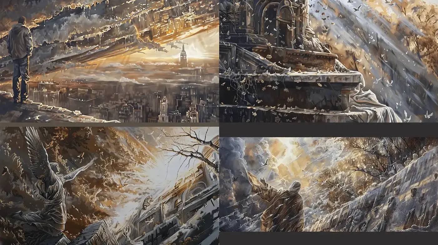 Epic scenery with ethereal light and desolation hinting at dystopian themes - Midjourney sref style