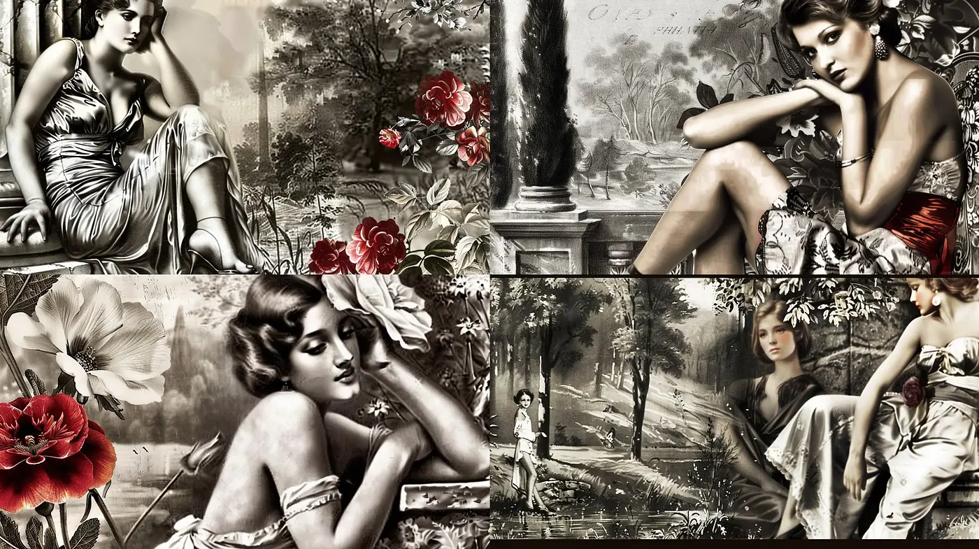 Romanticized Elegance in Sepia-Tones: A Fusion of Classic Portraiture and Vintage Flora - Midjourney sref style